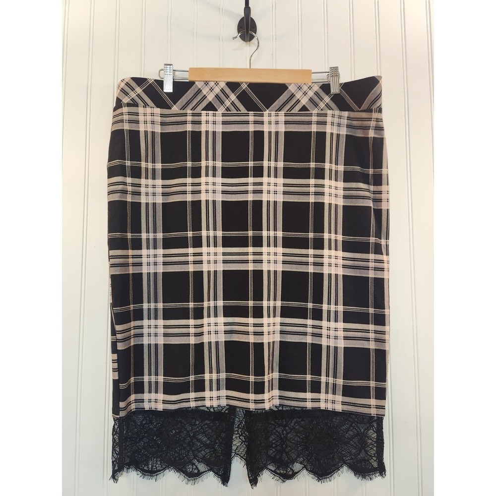 Torrid Womens Plus Size 2X Black White Plaid Lace Hem Pencil Skirt Stretch Ponte